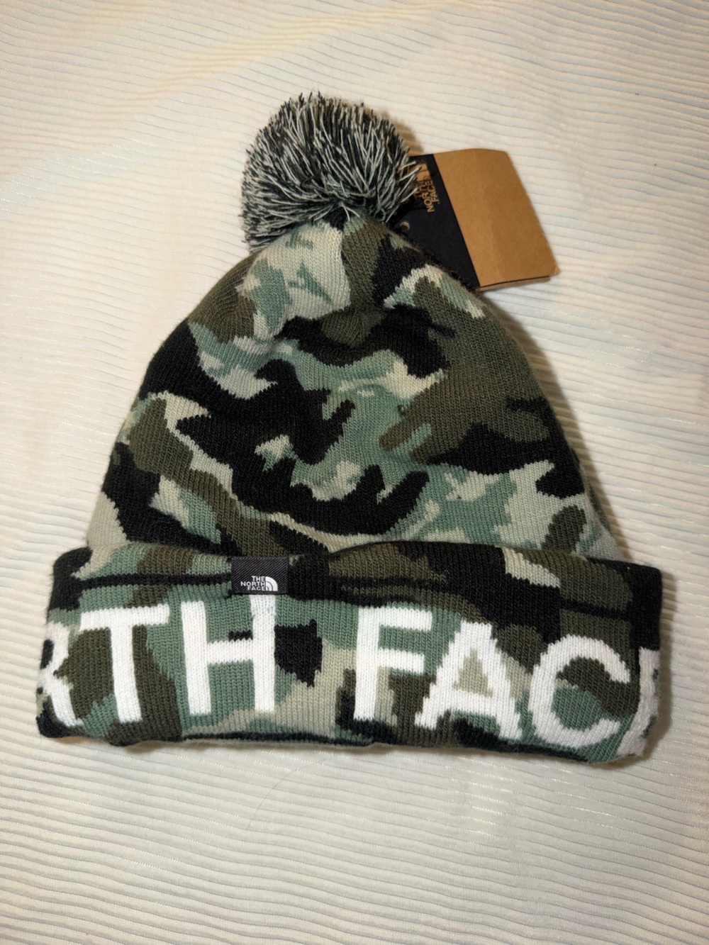 THE NORTH FACE Kid's Ski Tuke Camo Pom Pom Beanie One Size Green Black White